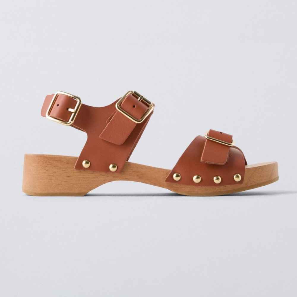 Zara Brown Leather Studded Clog Sandals with Gold Buckles